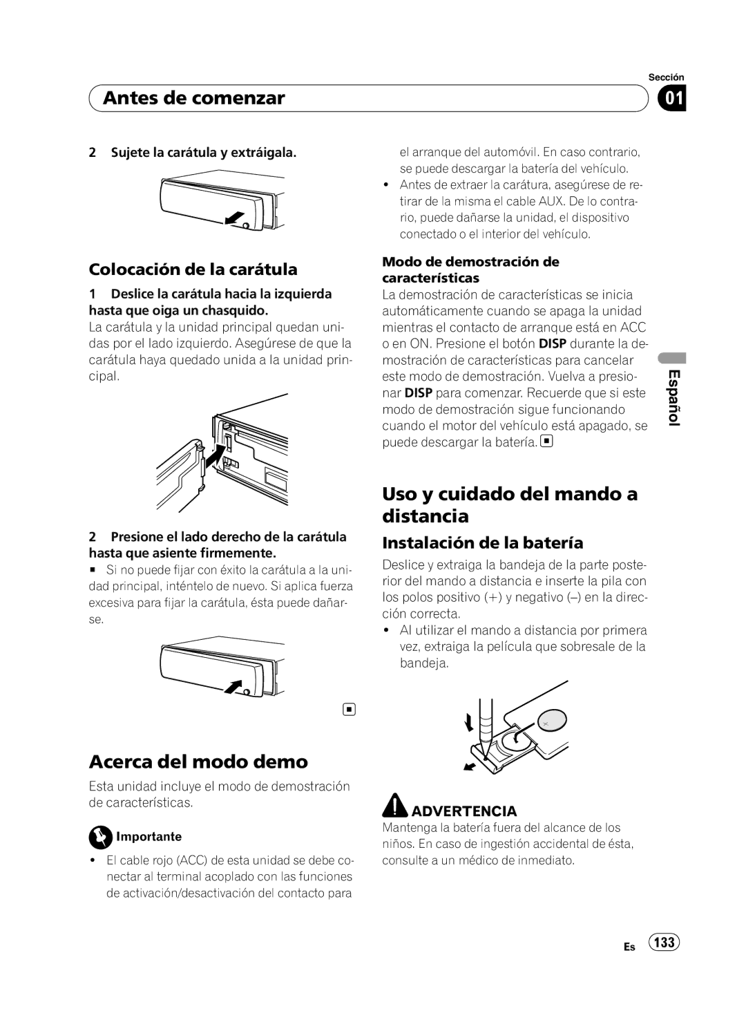 Pioneer DEH-P410UB operation manual Uso y cuidado del mando a distancia, Acerca del modo demo, Colocación de la carátula 