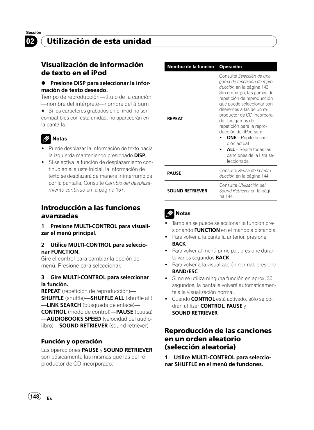 Pioneer DEH-P410UB Visualización de información de texto en el iPod, 148 Es, La izquierda manteniendo presionado Disp 