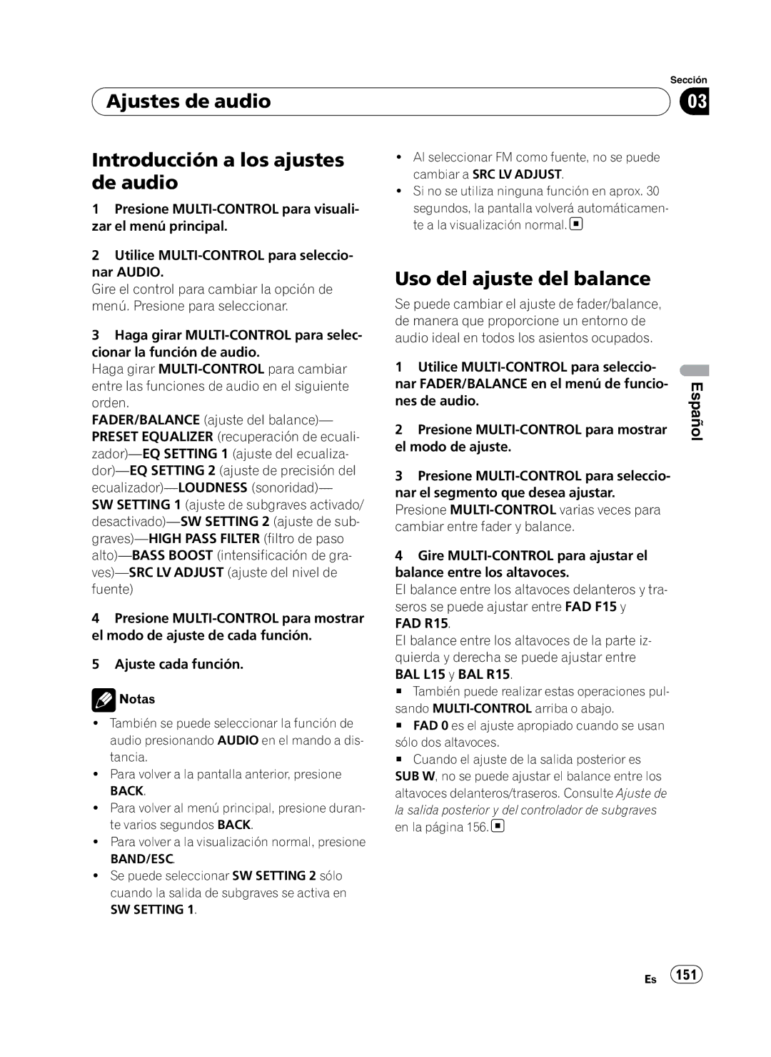 Pioneer DEH-P410UB operation manual Ajustes de audio, Introducción a los ajustes de audio, Uso del ajuste del balance 