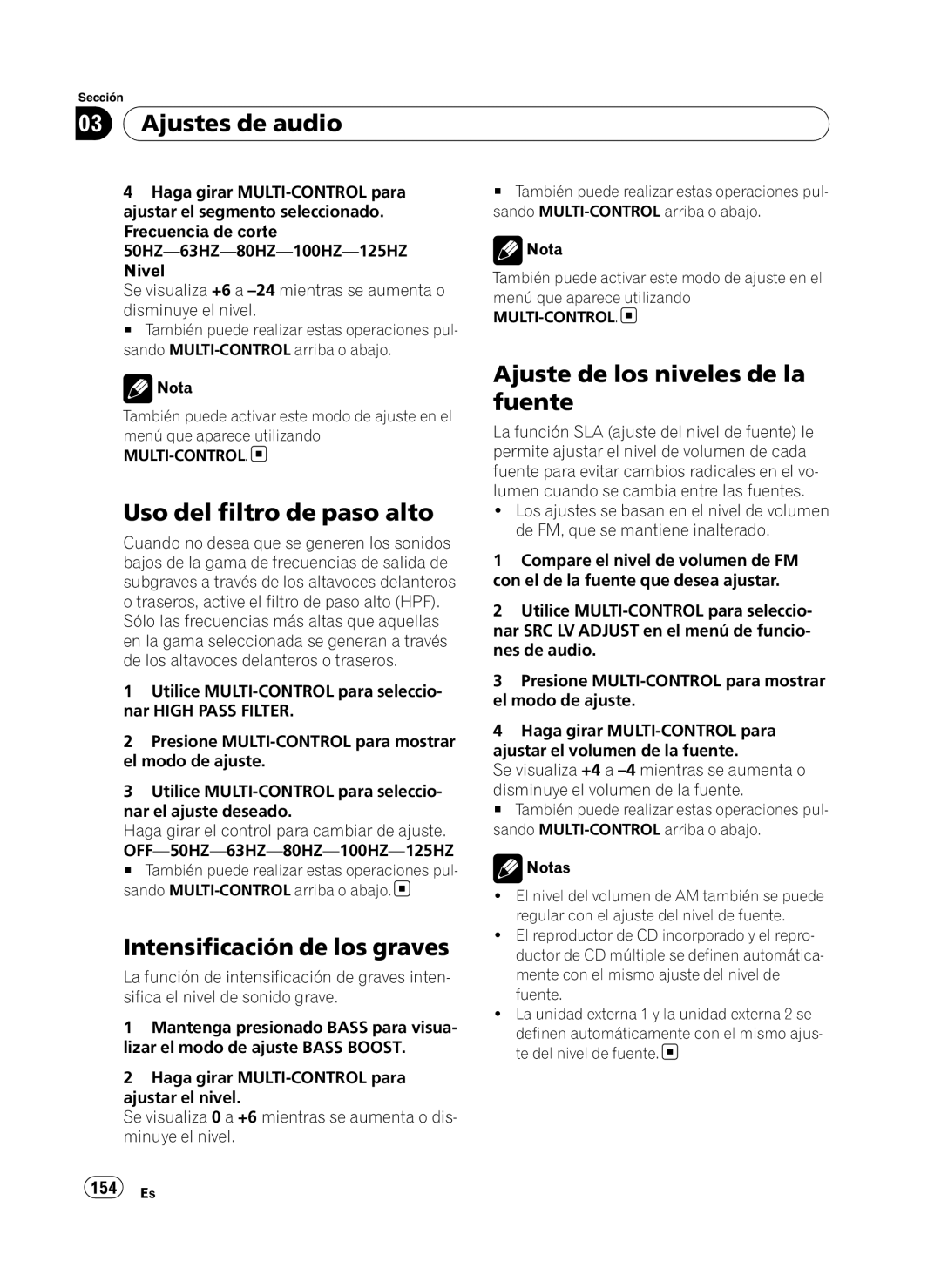 Pioneer DEH-P410UB operation manual Ajustes de audio, Uso del filtro de paso alto, Intensificación de los graves, 154 Es 