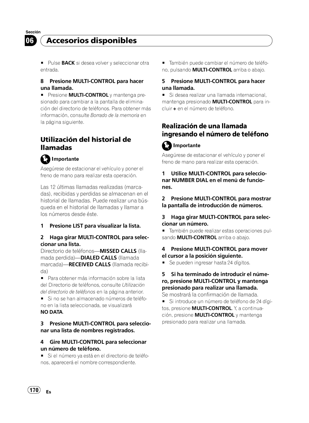 Pioneer DEH-P410UB Utilización del historial de llamadas, Realización de una llamada ingresando el número de teléfono 