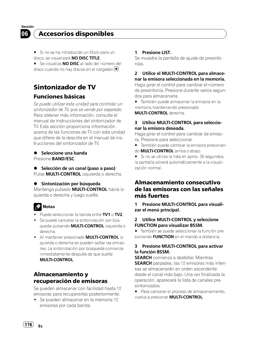 Pioneer DEH-P410UB operation manual Sintonizador de TV, Almacenamiento y recuperación de emisoras, 176 Es 