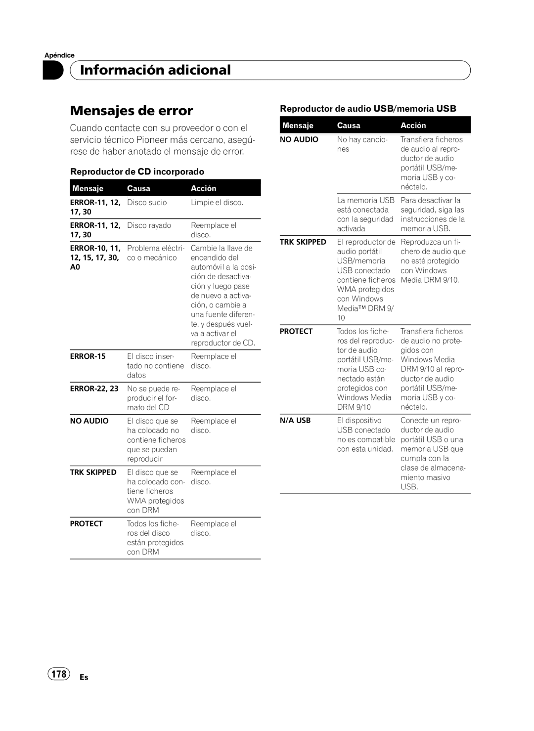 Pioneer DEH-P410UB operation manual Información adicional Mensajes de error, 178 Es 