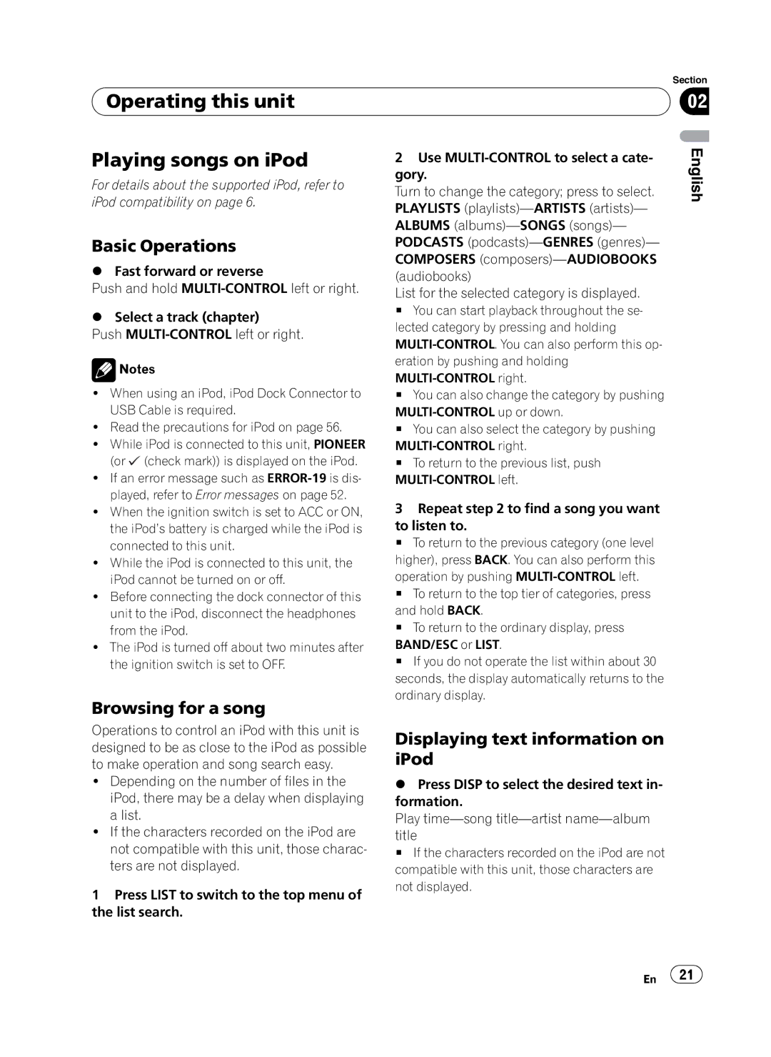 Pioneer DEH-P410UB operation manual Playing songs on iPod, Browsing for a song, Displaying text information on iPod 