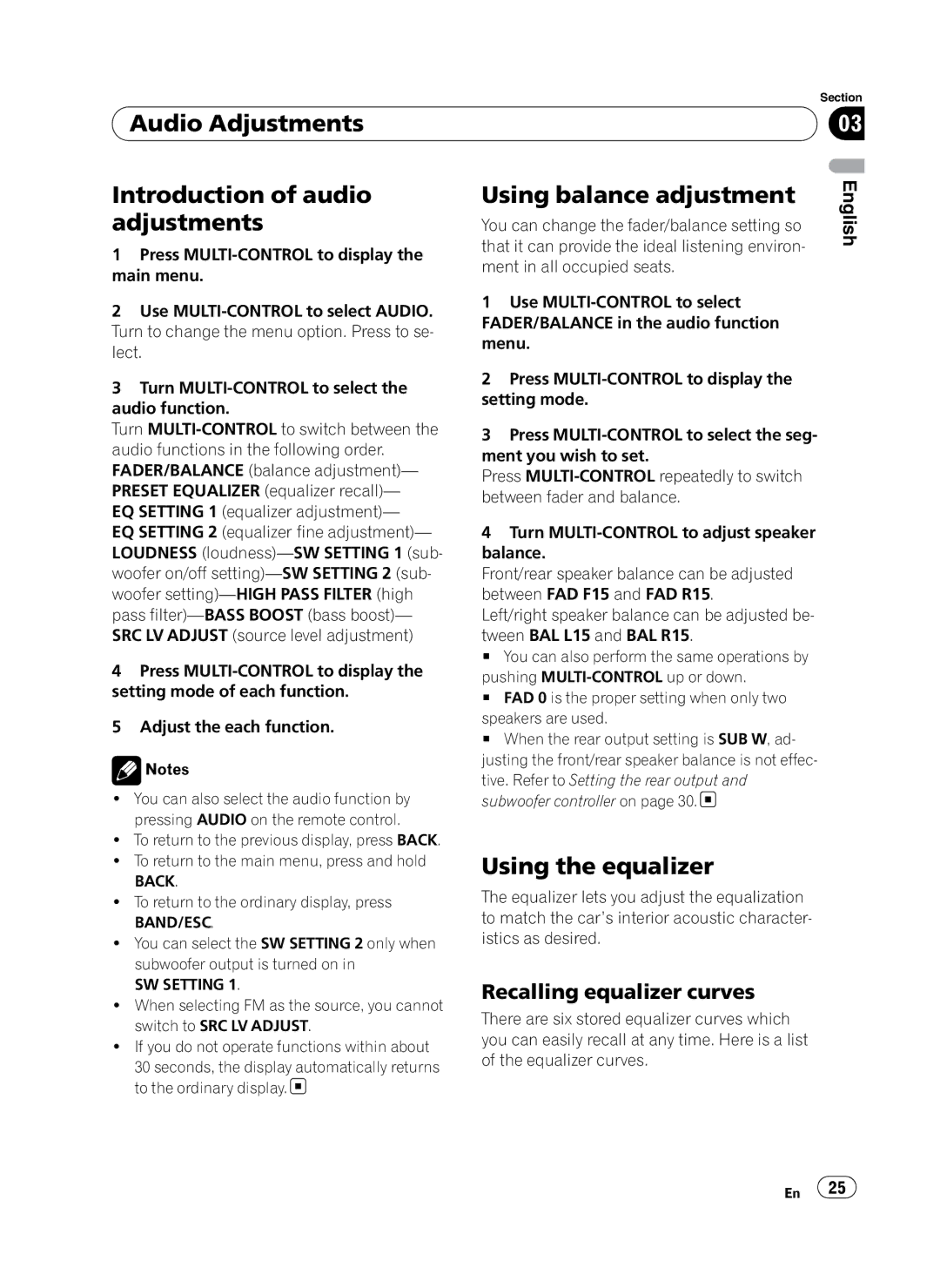 Pioneer DEH-P410UB operation manual Using the equalizer, Recalling equalizer curves, Back, Band/Esc, SW Setting 