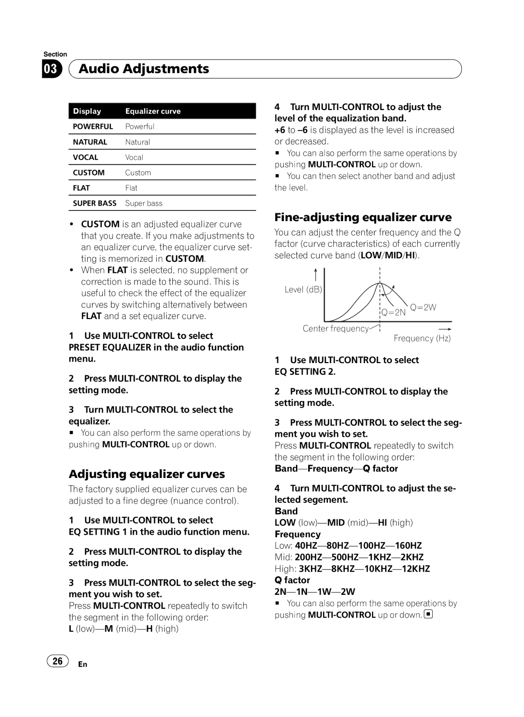 Pioneer DEH-P410UB Audio Adjustments, Adjusting equalizer curves, Fine-adjusting equalizer curve, EQ Setting 