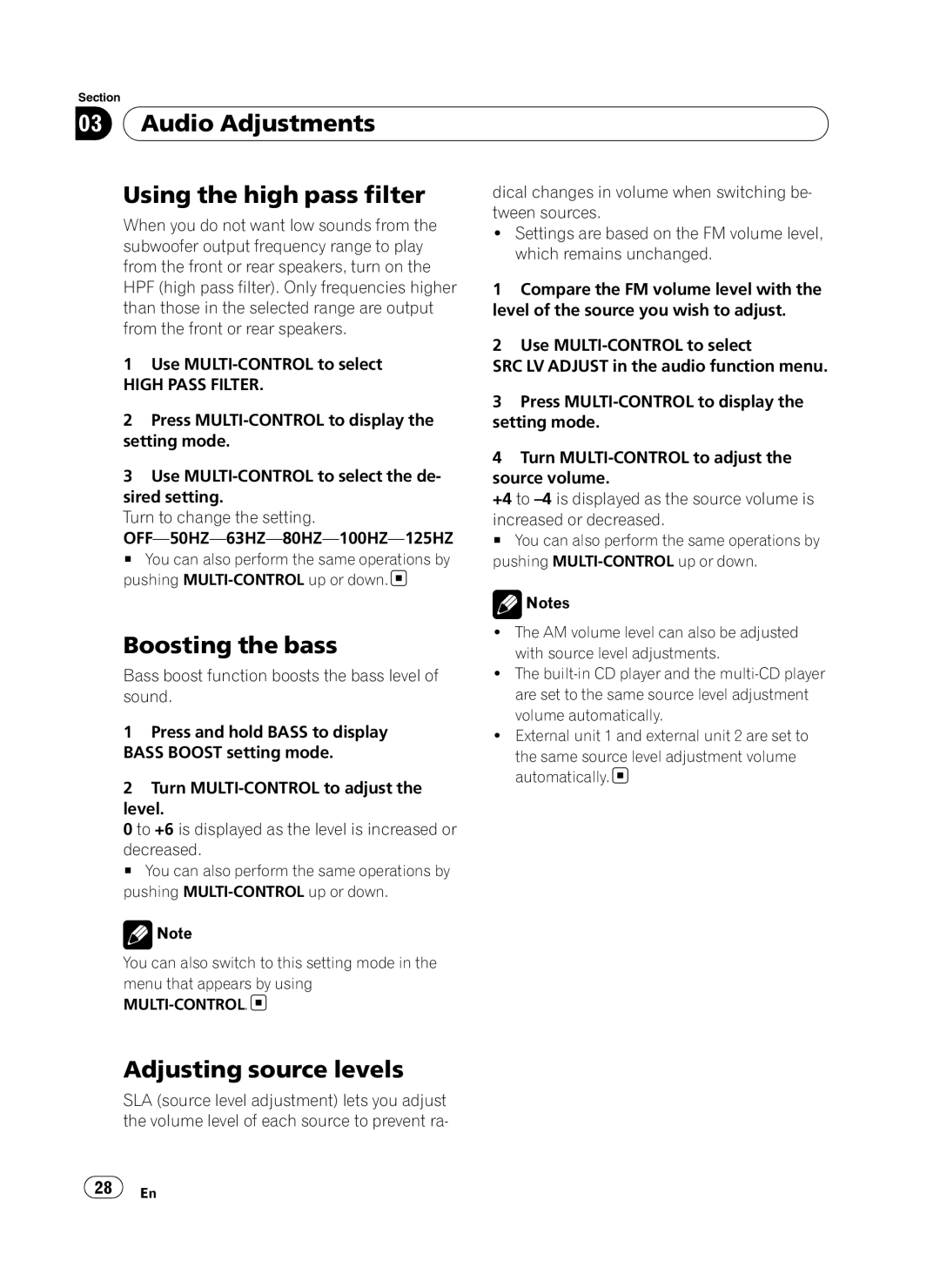 Pioneer DEH-P410UB Audio Adjustments Using the high pass filter, Boosting the bass, Adjusting source levels 