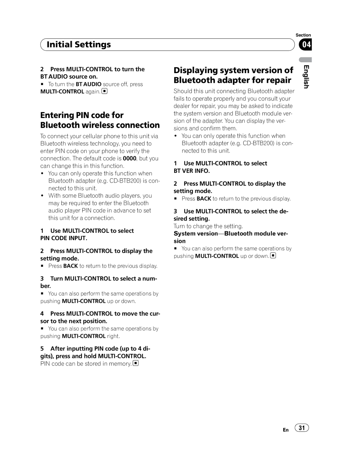 Pioneer DEH-P410UB operation manual Displaying system version, Bluetooth adapter for repair, English 