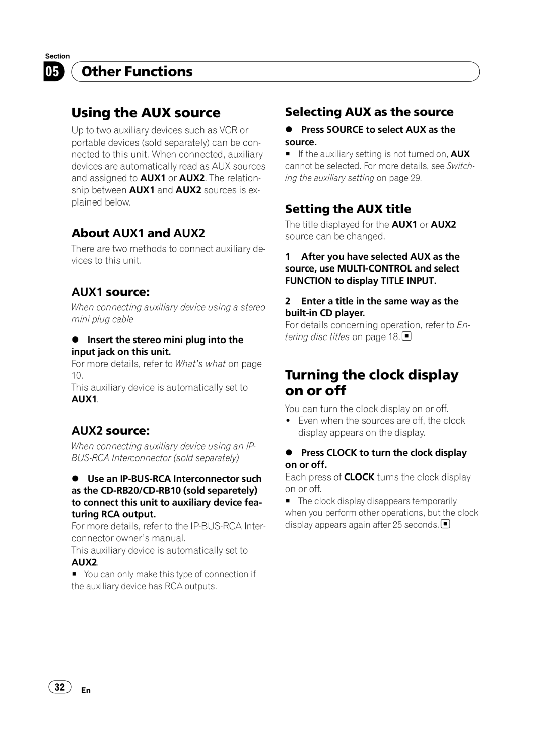 Pioneer DEH-P410UB operation manual Other Functions Using the AUX source, Turning the clock display on or off 