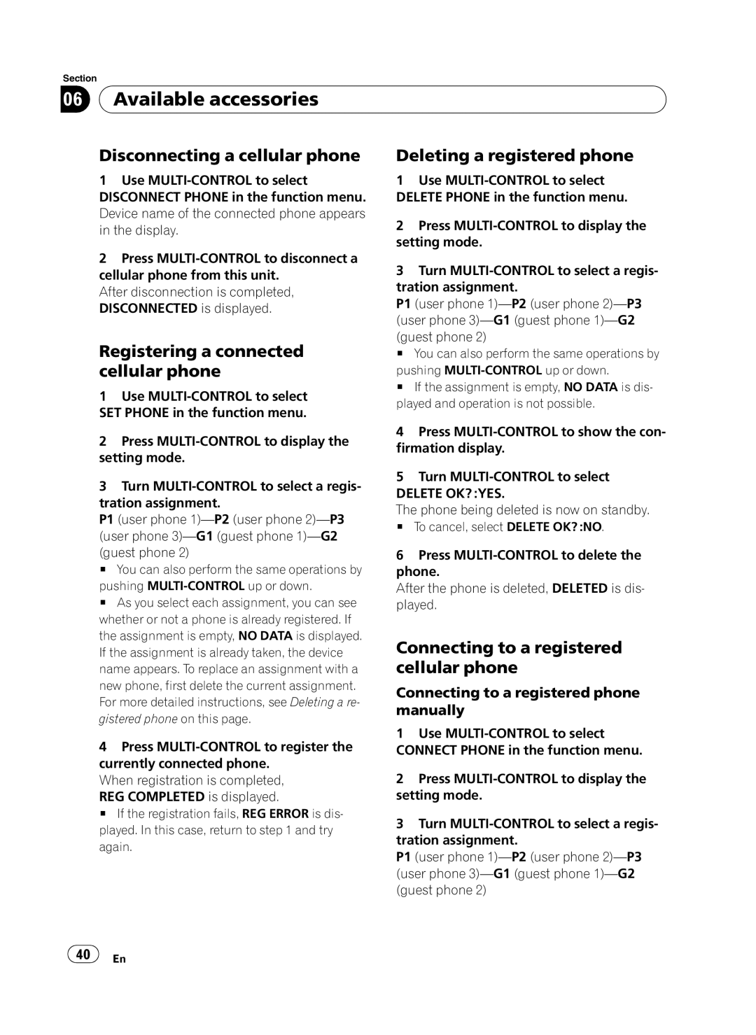 Pioneer DEH-P410UB Disconnecting a cellular phone, Registering a connected cellular phone, Deleting a registered phone 