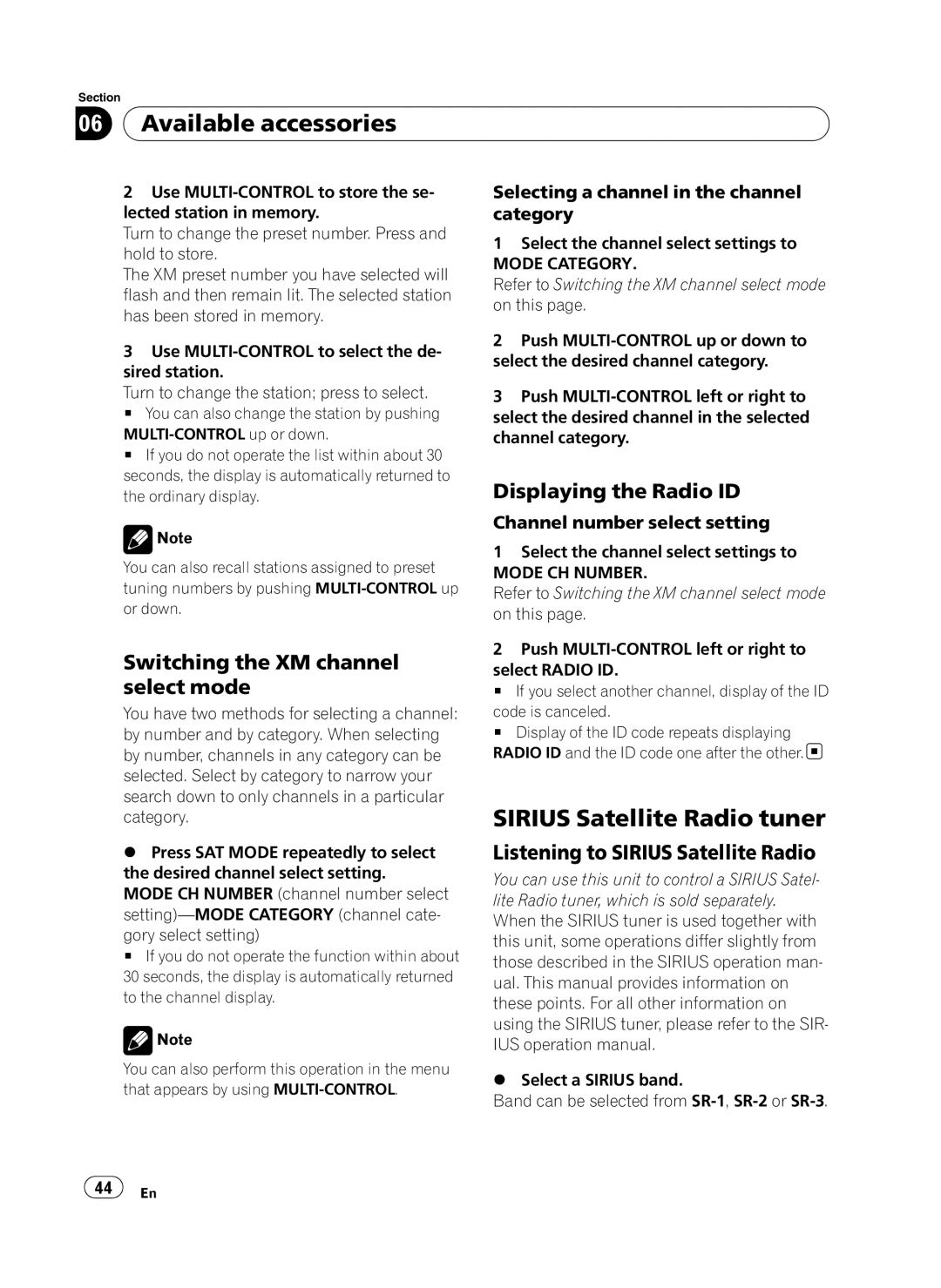 Pioneer DEH-P410UB Sirius Satellite Radio tuner, Switching the XM channel select mode, Displaying the Radio ID 