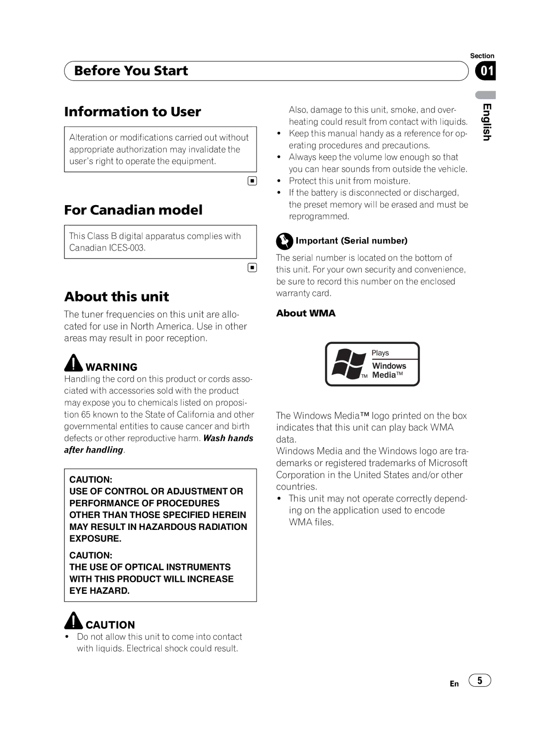 Pioneer DEH-P410UB operation manual Before You Start, Information to User, For Canadian model, About this unit 