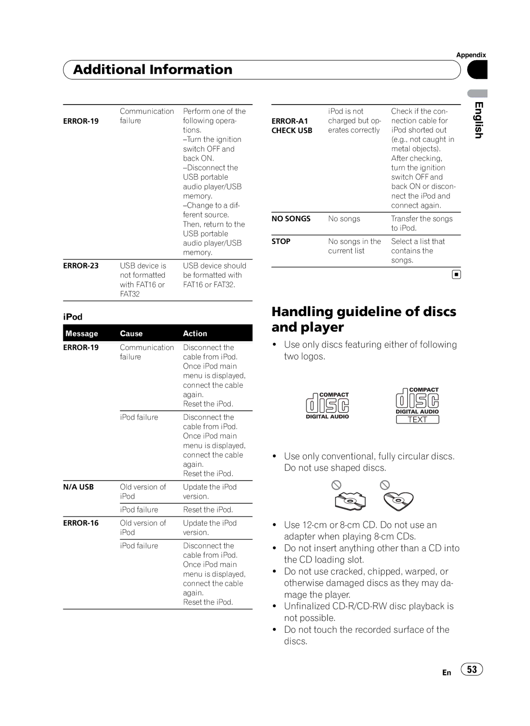 Pioneer DEH-P410UB operation manual Additional Information, Handling guideline of discs and player 