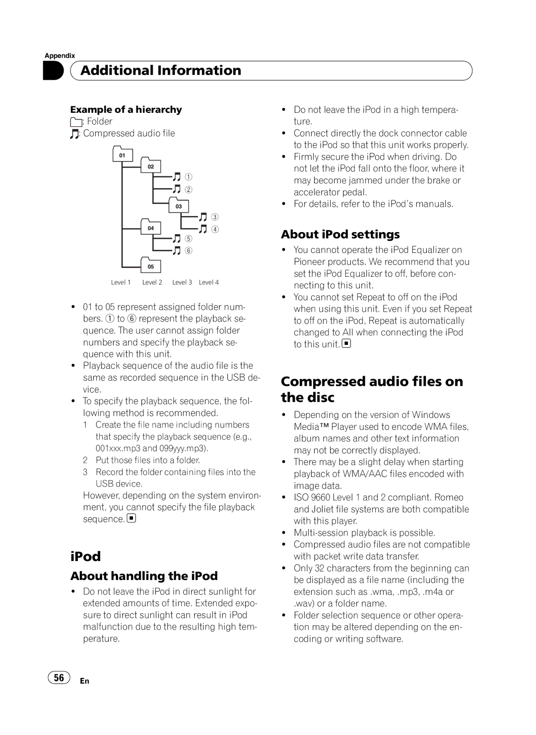 Pioneer DEH-P410UB operation manual IPod, Compressed audio files on the disc, About handling the iPod, About iPod settings 