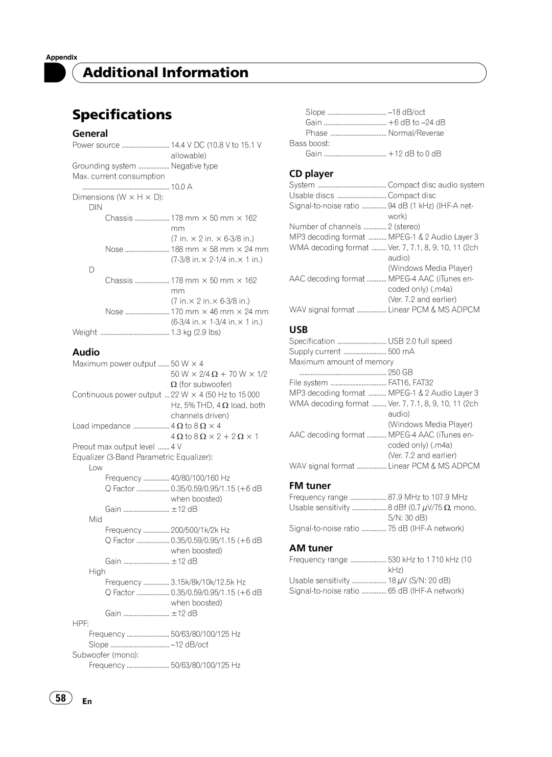 Pioneer DEH-P410UB operation manual Additional Information Specifications, Usb 