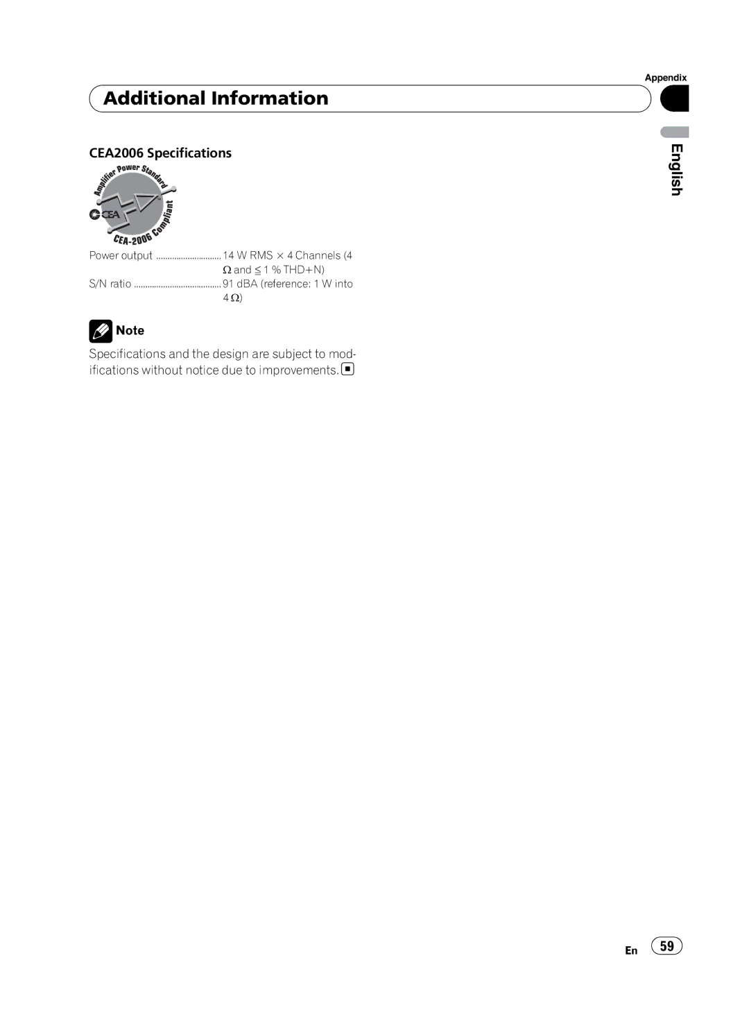 Pioneer DEH-P410UB operation manual CEA2006 Specifications 