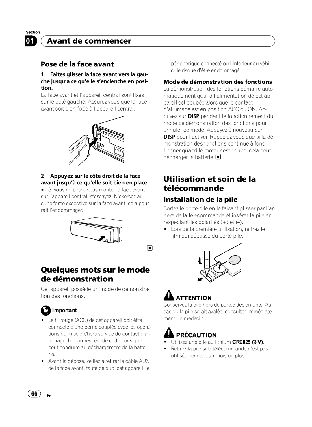 Pioneer DEH-P410UB operation manual Quelques mots sur le mode de démonstration, Utilisation et soin de la télécommande 