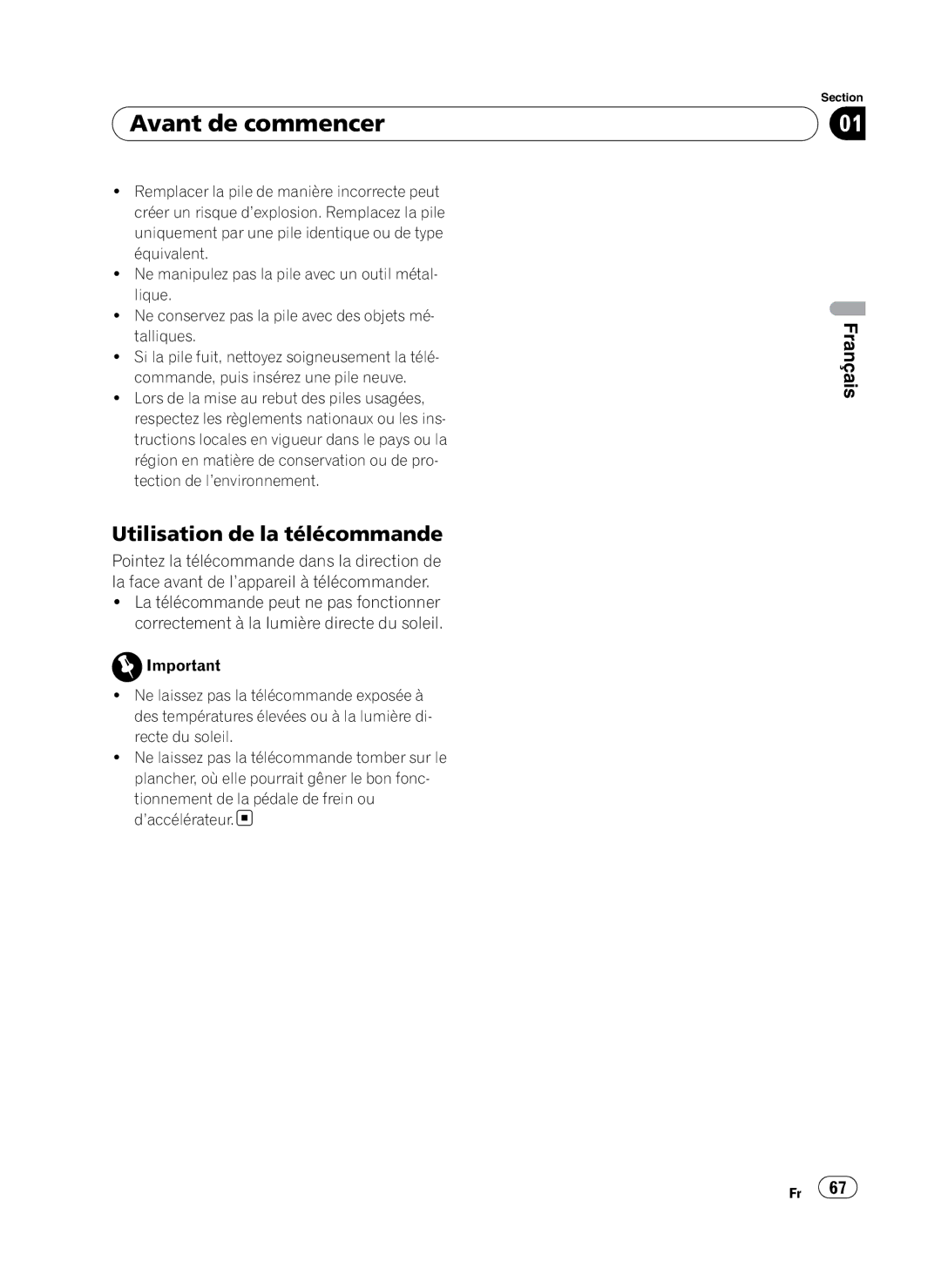 Pioneer DEH-P410UB operation manual Utilisation de la télécommande, Tionnement de la pédale de frein ou d’accélérateur 