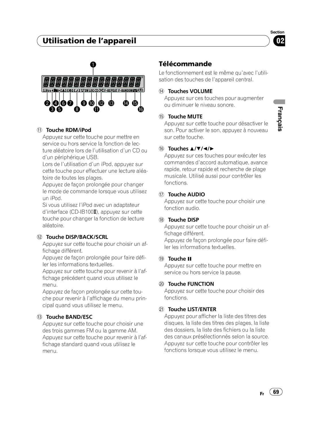 Pioneer DEH-P410UB operation manual Utilisation de l’appareil, Télécommande 