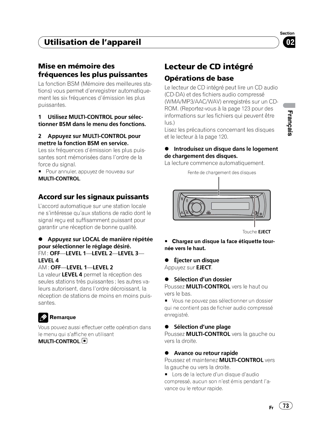 Pioneer DEH-P410UB operation manual Lecteur de CD intégré, Mise en mémoire des fréquences les plus puissantes 