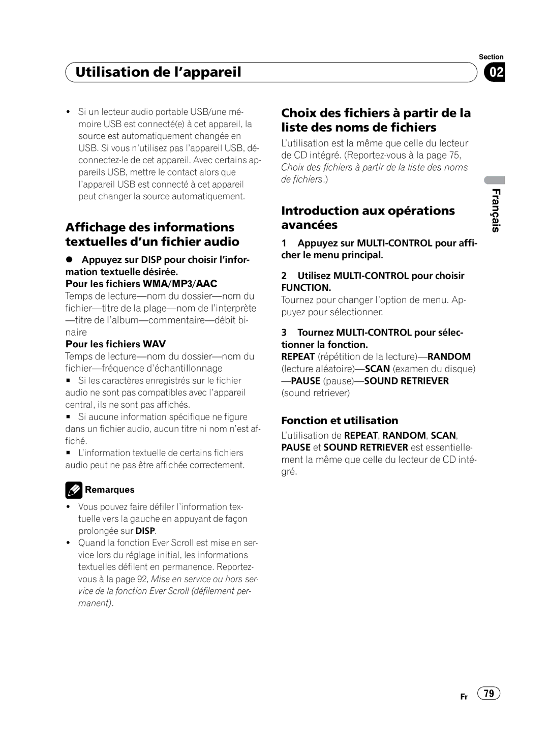 Pioneer DEH-P410UB Affichage des informations textuelles d’un fichier audio, Fonction et utilisation, Fiché 