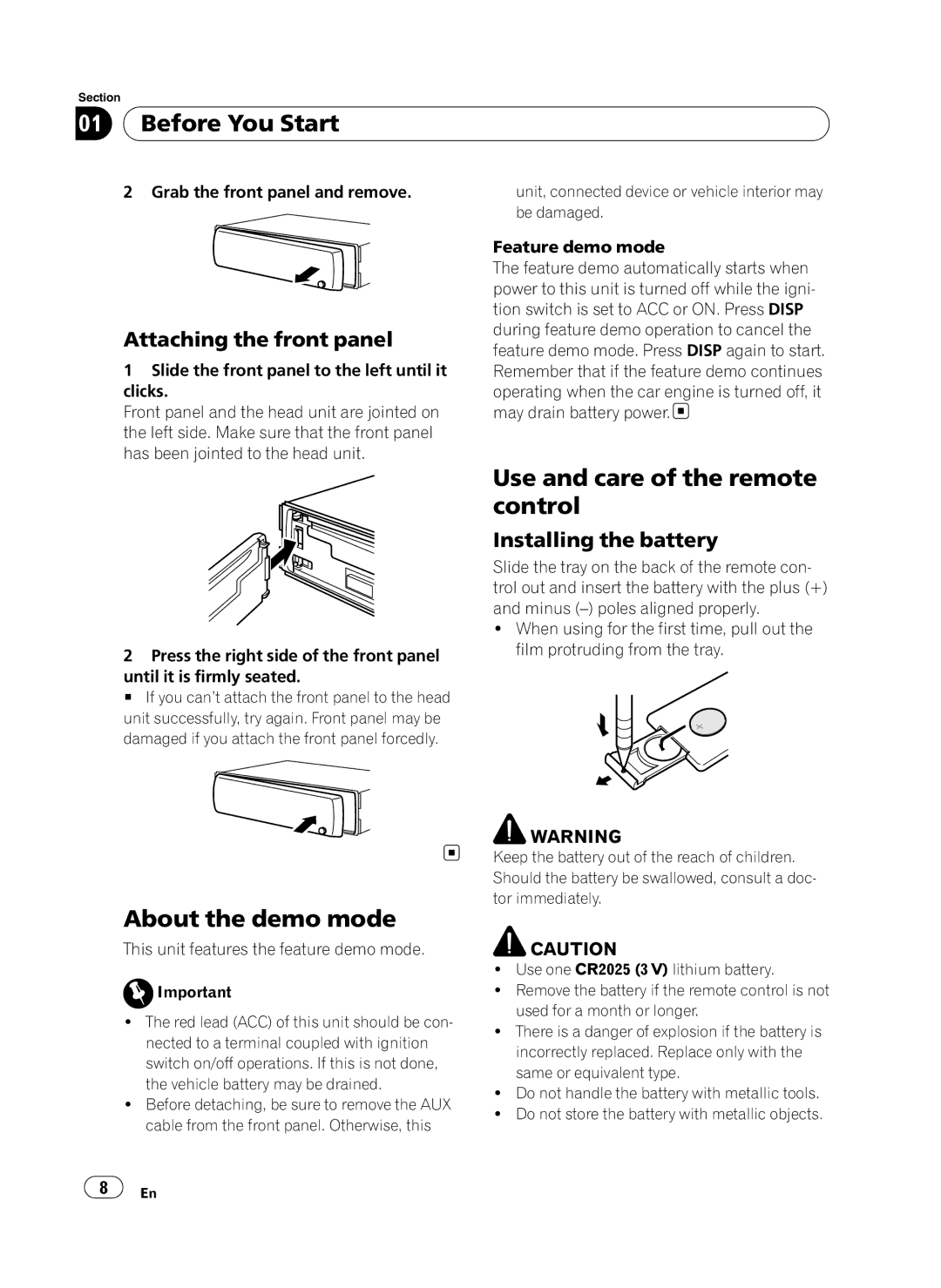 Pioneer DEH-P410UB operation manual About the demo mode, Use and care of the remote control, Attaching the front panel 