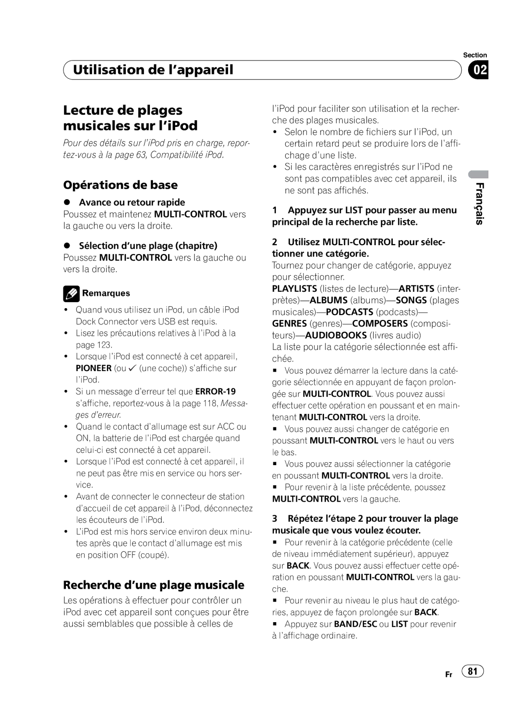 Pioneer DEH-P410UB operation manual Lecture de plages musicales sur l’iPod, Recherche d’une plage musicale 