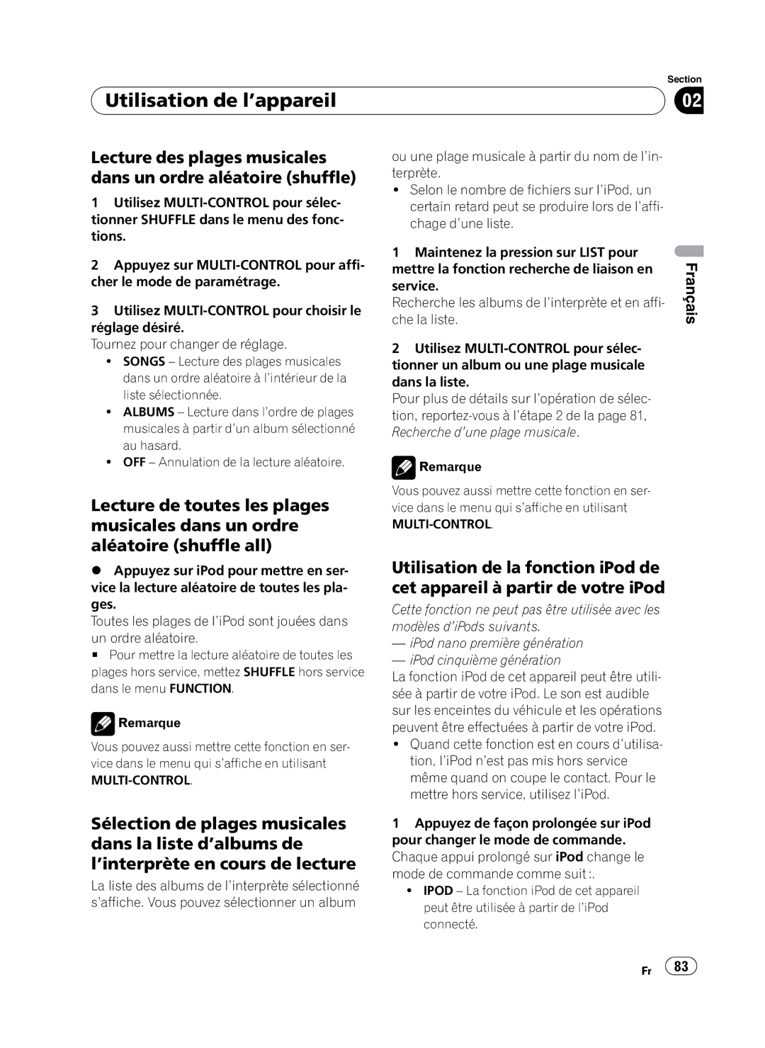 Pioneer DEH-P410UB operation manual Lecture des plages musicales dans un ordre aléatoire shuffle 