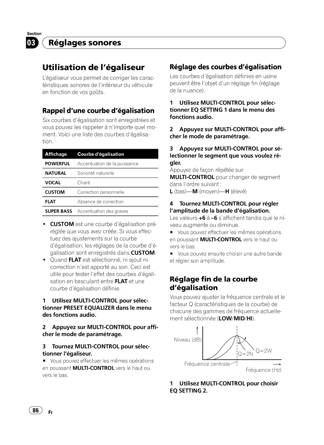 Pioneer DEH-P410UB operation manual 03 Réglages sonores Utilisation de l’égaliseur, Réglage des courbes d’égalisation 