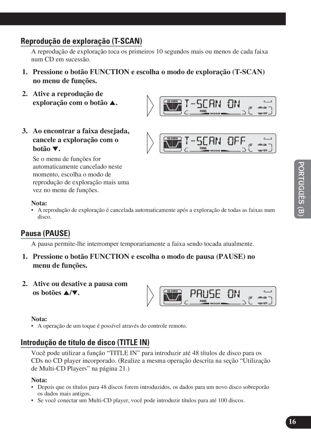 Pioneer DEH-P4150 operation manual Reprodução de exploração T-SCAN, Introdução de título de disco Title 