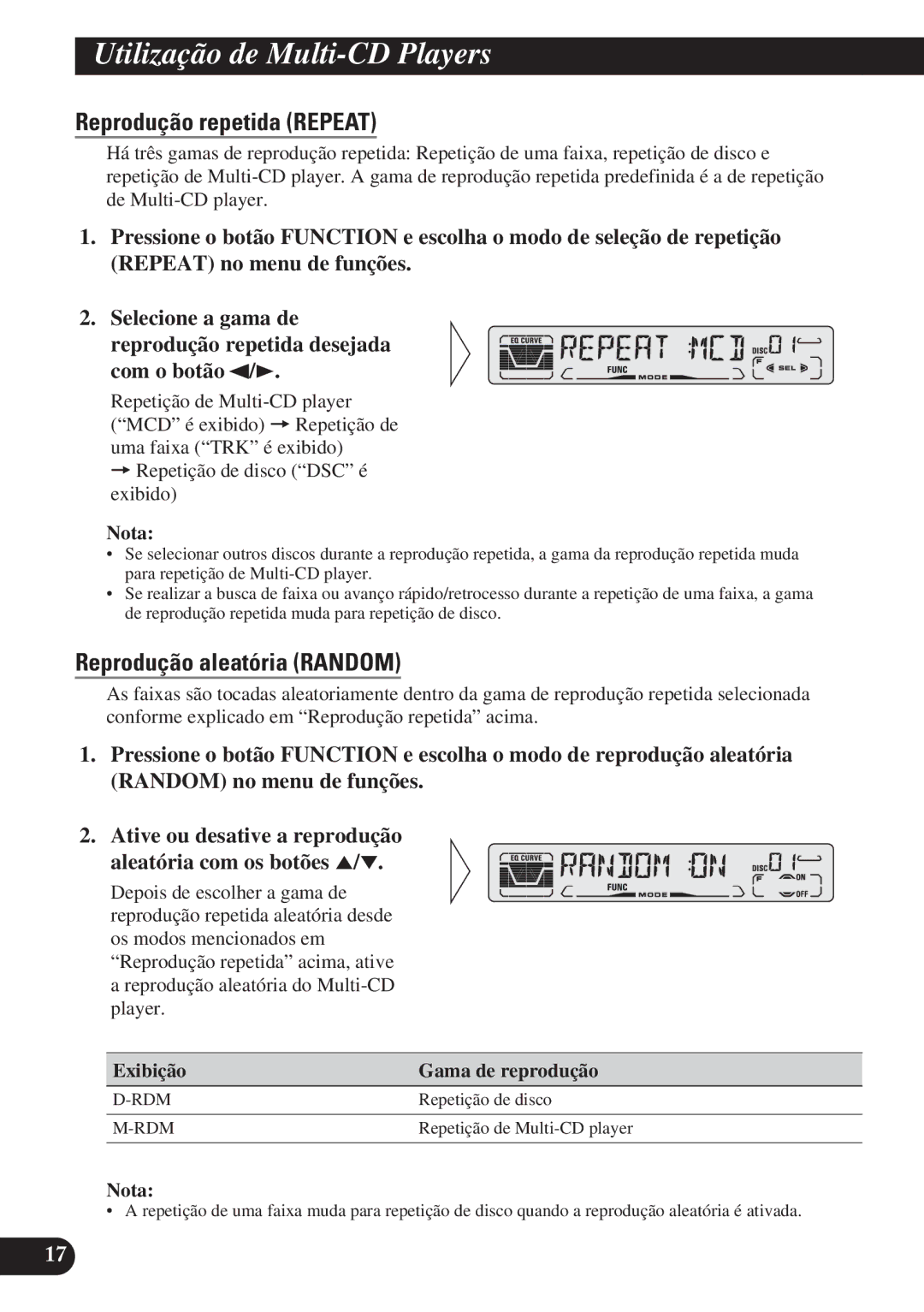 Pioneer DEH-P4150 operation manual Utilização de Multi-CD Players, Exibição Gama de reprodução 