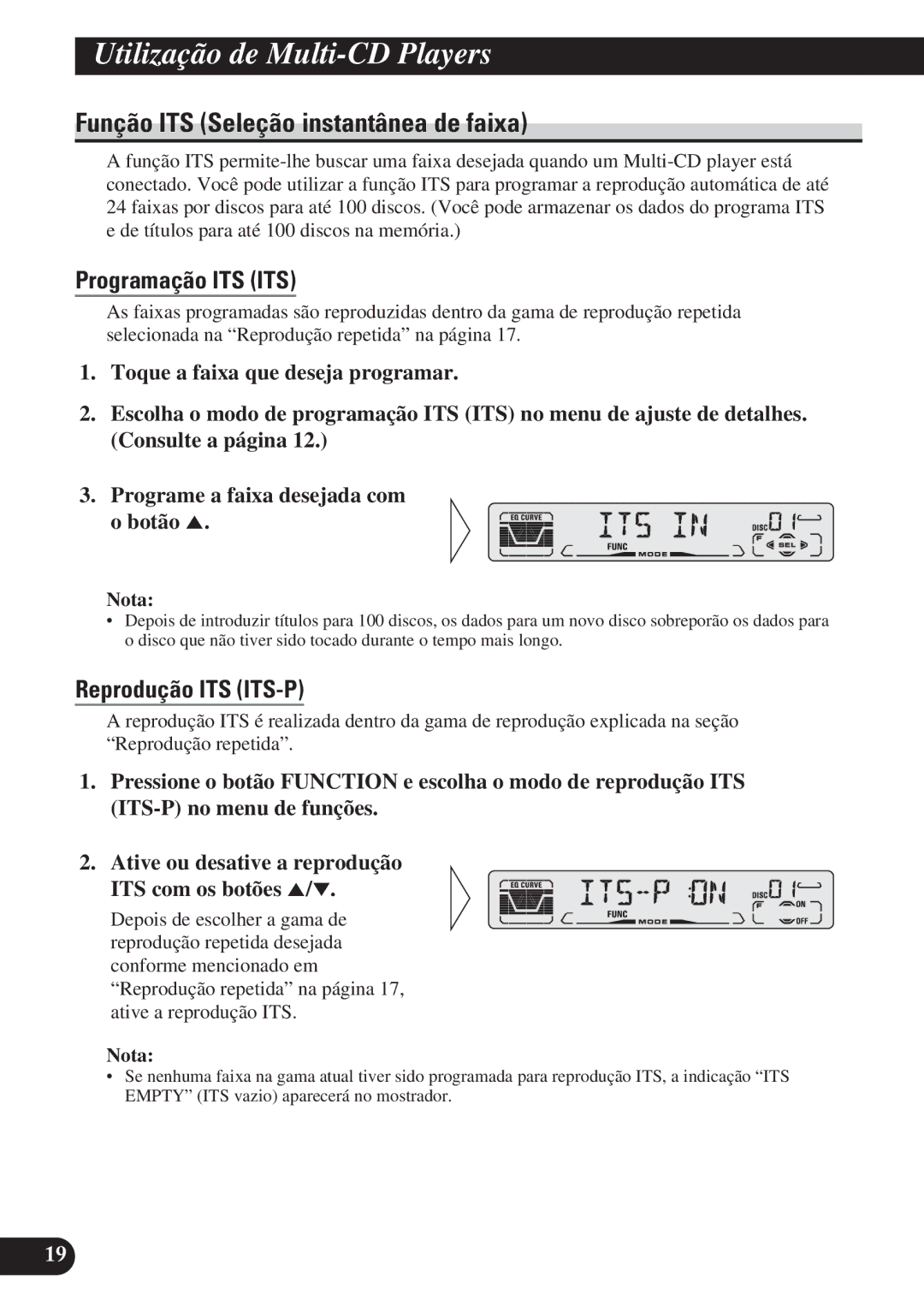 Pioneer DEH-P4150 Utilização de Multi-CD Pla yers, Função ITS Seleção instantânea de faixa, Programação ITS ITS 