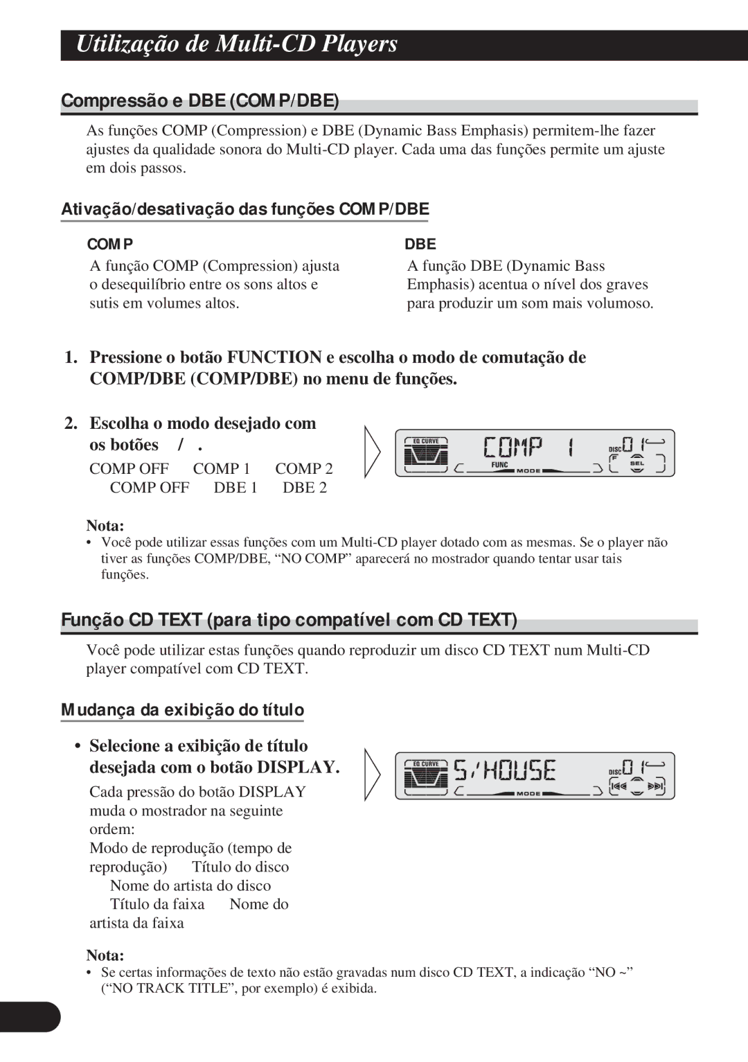 Pioneer DEH-P4150 operation manual Compressão e DBE COMP/DBE, Função CD Text para tipo compatível com CD Text 