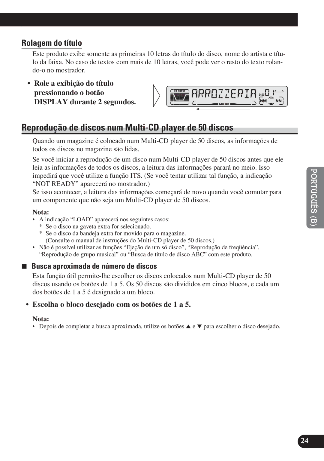 Pioneer DEH-P4150 operation manual Reprodução de discos num Multi-CD player de 50 discos, Rolagem do título 