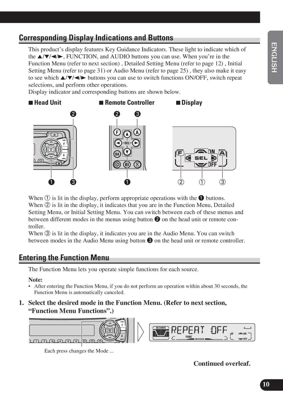 Pioneer DEH-P4150 operation manual Corresponding Display Indications and Buttons, Entering the Function Menu, Overleaf 