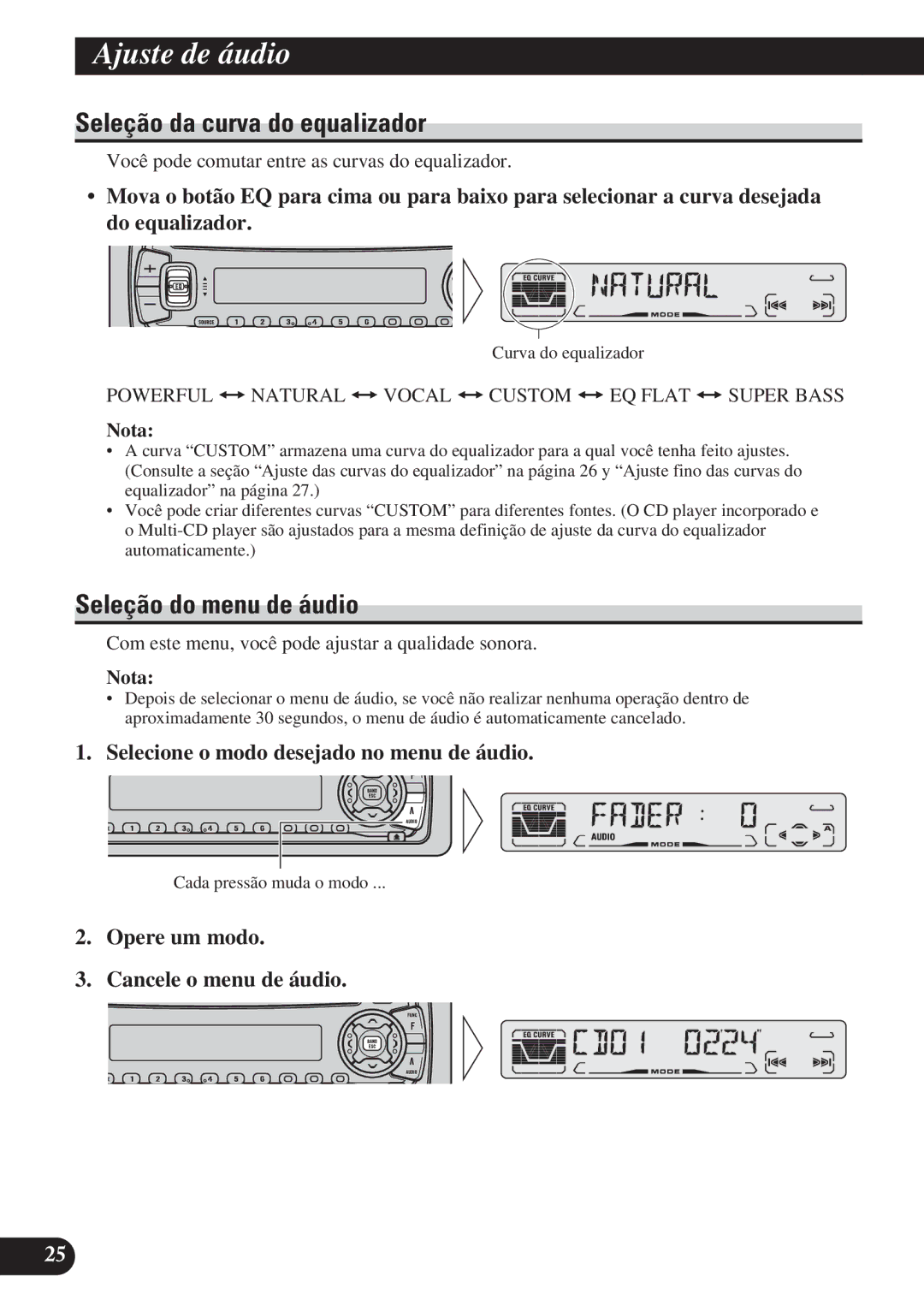 Pioneer DEH-P4150 operation manual Ajuste de áudio, Seleção da curva do equalizador, Seleção do menu de áudio 