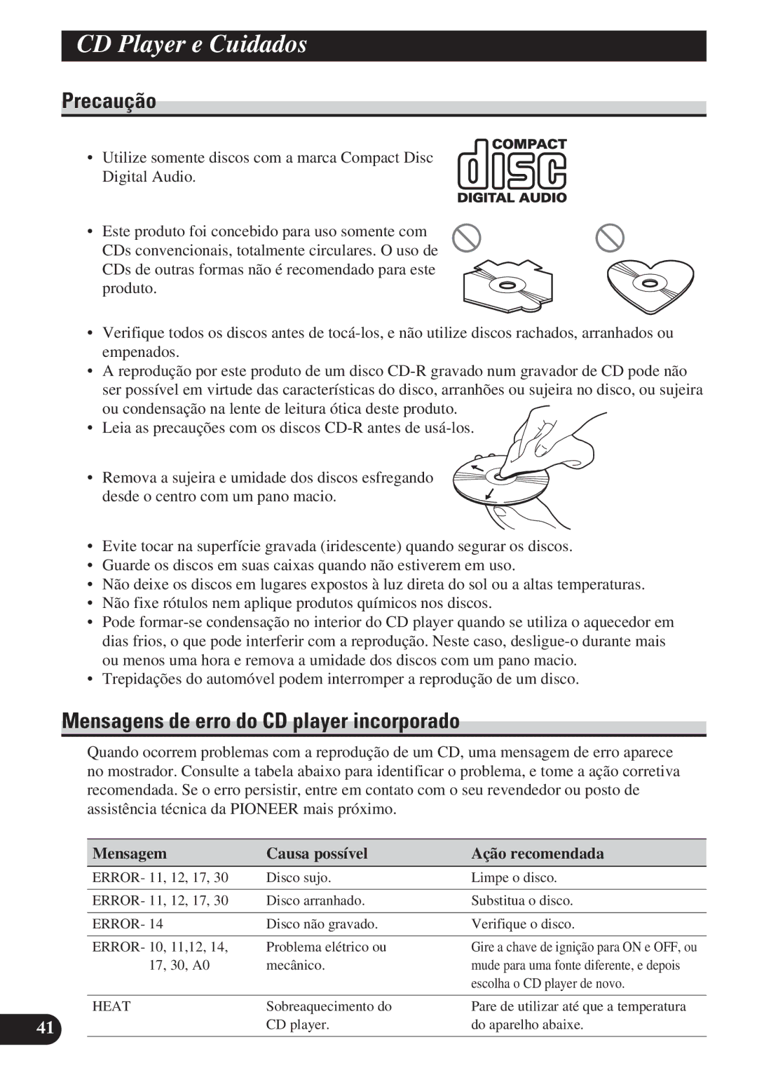 Pioneer DEH-P4150 operation manual CD Player e Cuidados, Mensagens de erro do CD player incorporado 