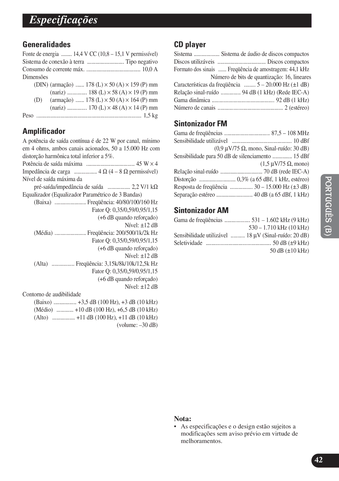 Pioneer DEH-P4150 operation manual Especificações, Dimensões 