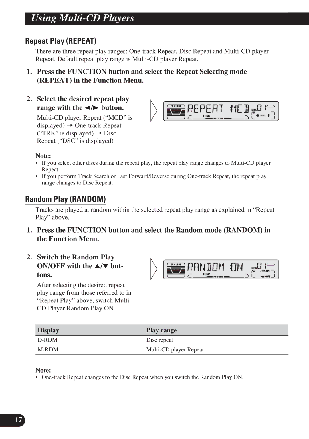 Pioneer DEH-P4150 operation manual Using Multi-CD Players, Display Play range 