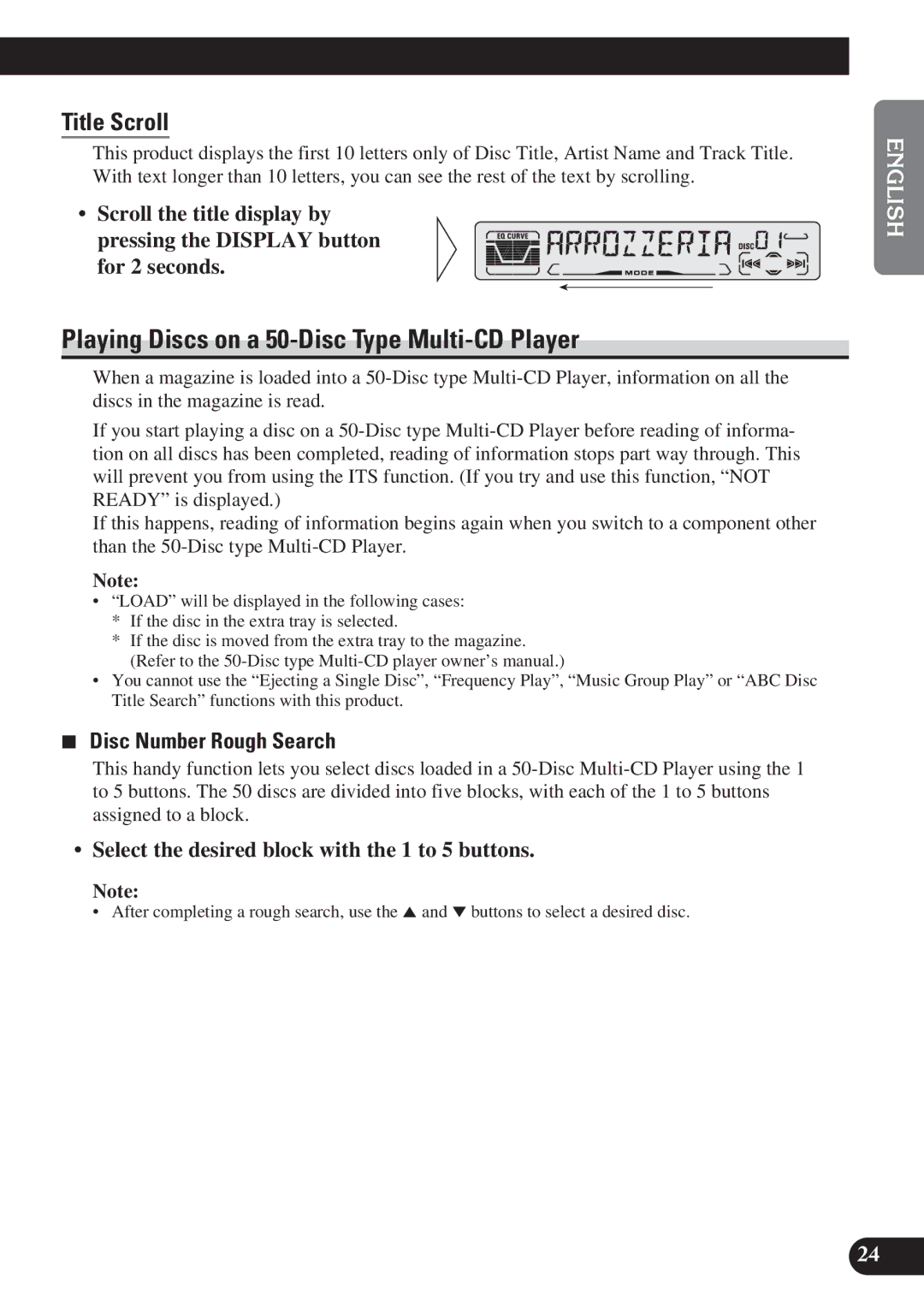 Pioneer DEH-P4150 operation manual Playing Discs on a 50-Disc Type Multi-CD Player, Title Scroll, Disc Number Rough Search 