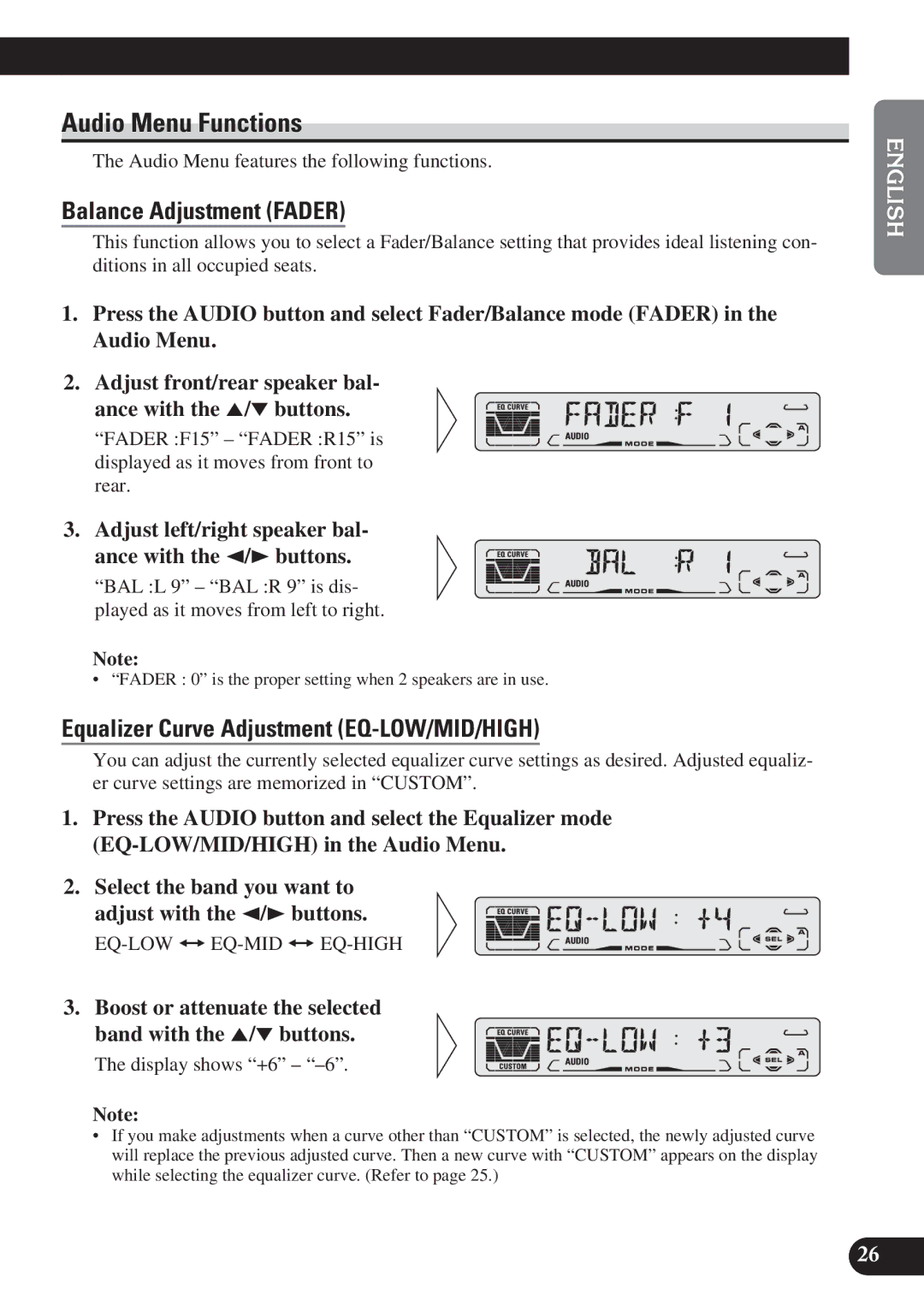 Pioneer DEH-P4150 Audio Menu Functions, Balance Adjustment Fader, Equalizer Curve Adjustment EQ-LOW/MID/HIGH 