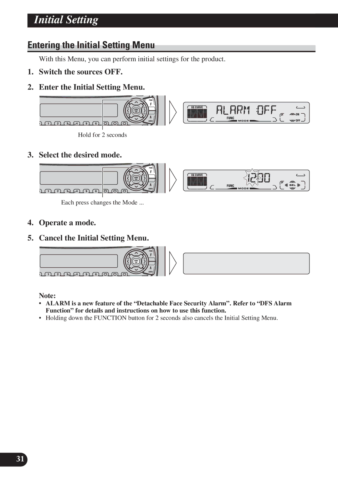 Pioneer DEH-P4150 Entering the Initial Setting Menu, Switch the sources OFF Enter the Initial Setting Menu 