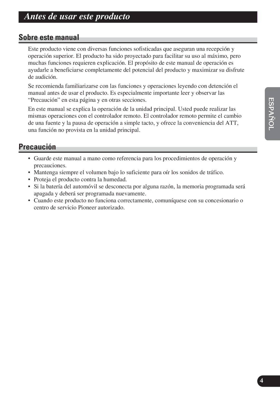 Pioneer DEH-P4150 operation manual Antes de usar este producto, Sobre este manual, Precaución 