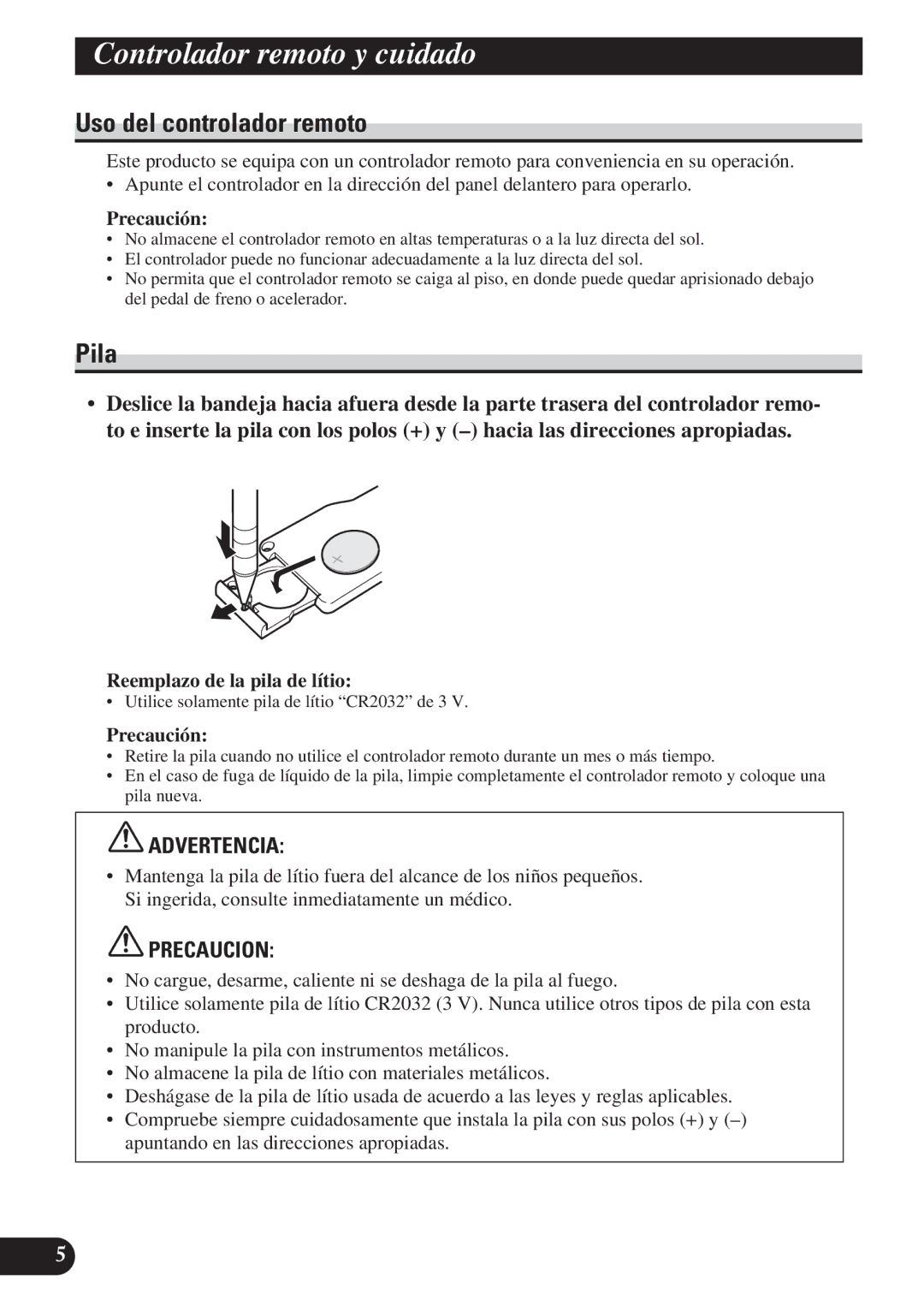 Pioneer DEH-P4150 operation manual Controlador remoto y cuidado, Uso del controlador remoto, Pila, Precaución 