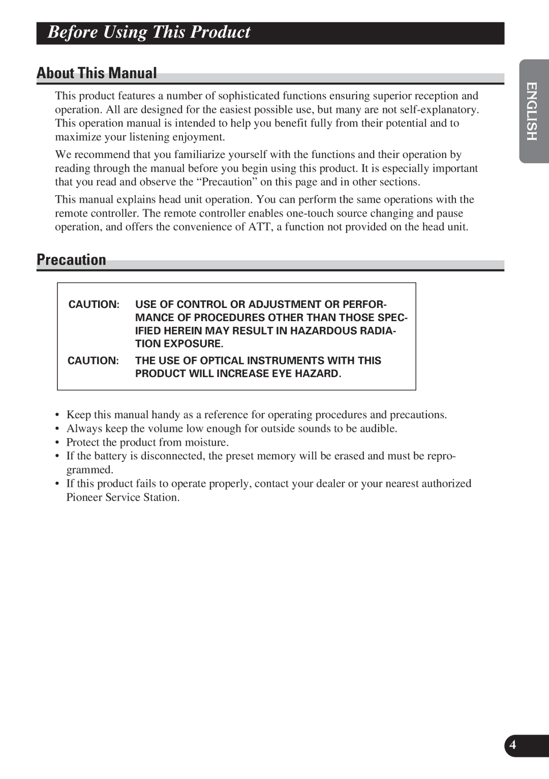 Pioneer DEH-P4150 operation manual Before Using This Product, About This Manual, Precaution 