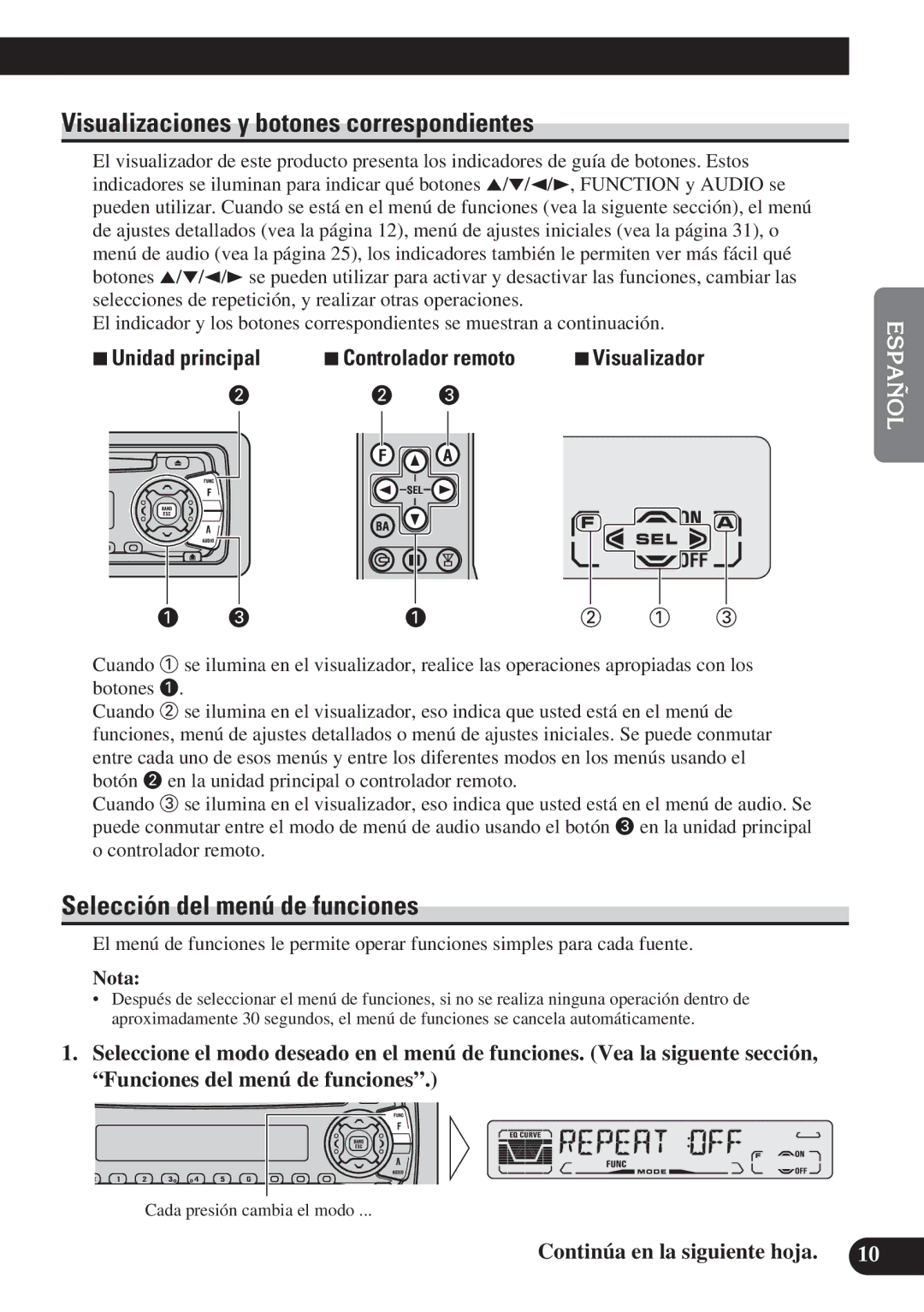 Pioneer DEH-P4150 operation manual Visualizaciones y botones correspondientes, Selección del menú de funciones 