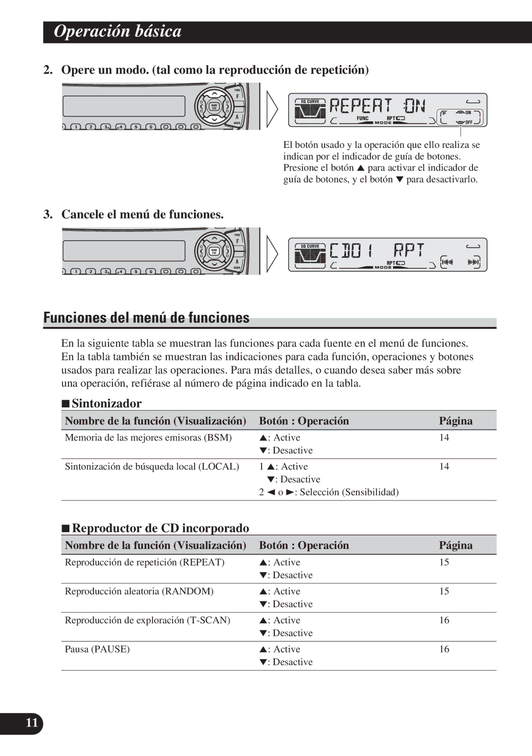 Pioneer DEH-P4150 Funciones del menú de funciones, Opere un modo. tal como la reproducción de repetición, 7Sintonizador 