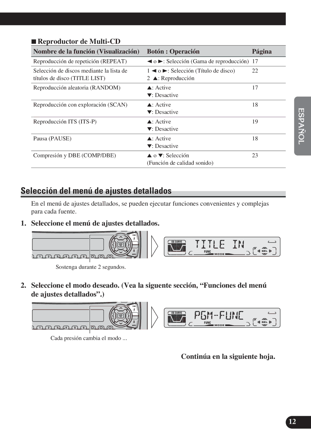 Pioneer DEH-P4150 operation manual Selección del menú de ajustes detallados, 7Reproductor de Multi-CD 