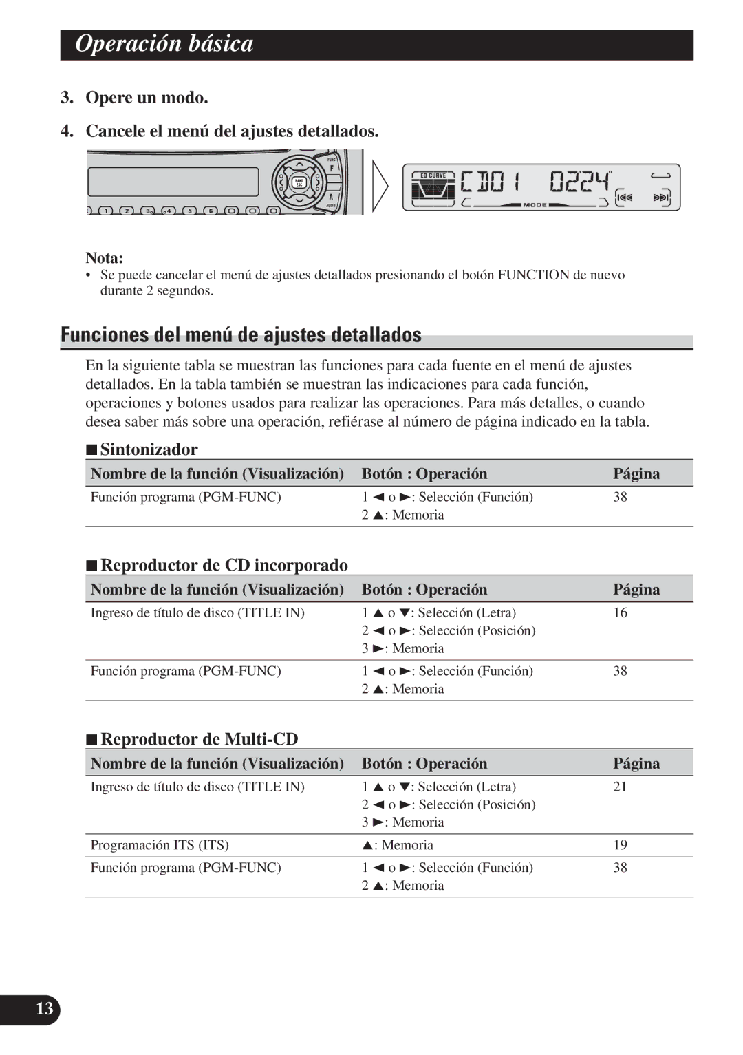 Pioneer DEH-P4150 Funciones del menú de ajustes detallados, Opere un modo Cancele el menú del ajustes detallados 