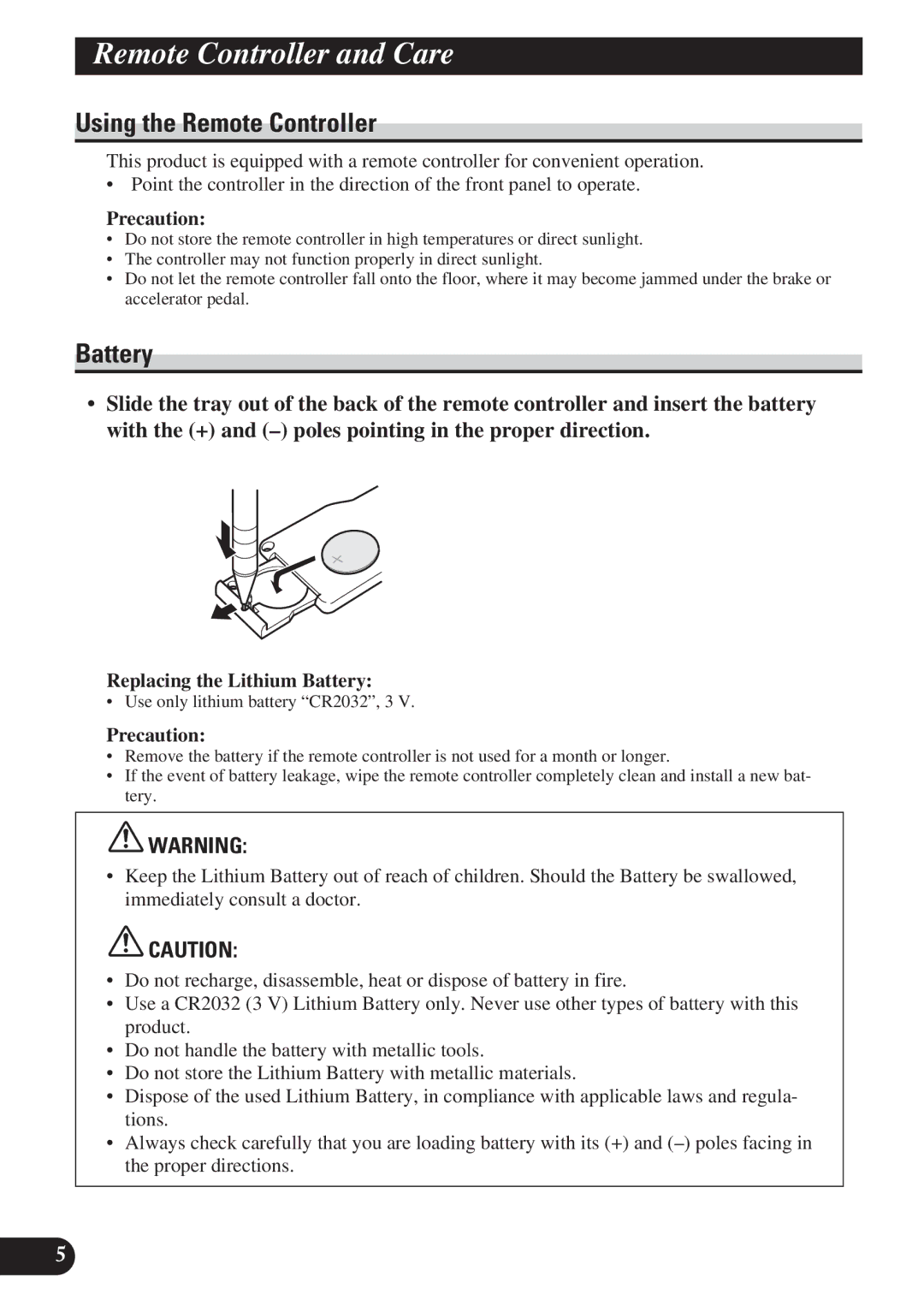 Pioneer DEH-P4150 operation manual Remote Controller and Care, Using the Remote Controller, Battery, Precaution 